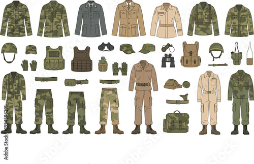 Professional military uniform set and tactical equipment icons featuring camouflage jackets, pants, combat boots, helmets, vests, binoculars, and army gea