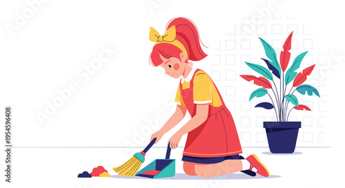 Young girl with a yellow bow in her hair carefully sweeps the floor with a brush and dustpan at home.