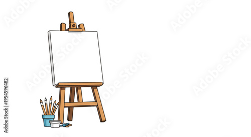 Wooden art easel with a blank white canvas stands ready for a masterpiece next to jars of brushes and paints.