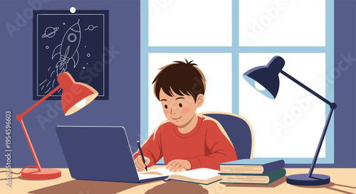 Young boy sits at his desk at night and works diligently on his studies using a laptop and various textbooks.