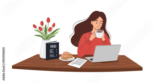 Young woman enjoys a cup of coffee and cookies while working on her laptop at a wooden table in a cozy cafe.