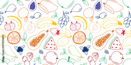 Background hand drawn colorful set of fruits and berries. Juicy colorful fruity seamless pattern. Healthy organic food, doodle sketch style print, vector graphics