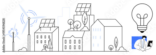 Sustainable energy concept. Sustainable energy with solar panels, wind turbines, and eco-friendly urban living. Sustainable energy for smart innovation and renewable resources. For green cities