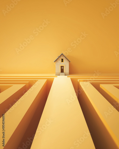 house model at the end of a maze, real estate navigation and property search concept