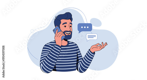 Happy man with beard wearing striped shirt talking on mobile phone with message icons around him in flat vector illustration.
