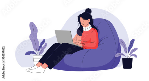 Young woman sitting on purple bean bag chair working on laptop computer at home with decorative plants in flat design style.