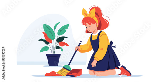 Little girl with red hair and yellow bow sweeping dust into dustpan near houseplant in clean domestic setting flat illustration.
