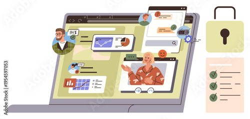 Remote work, online communication, remote education, digital security, teleconference, data analysis. Laptop with video calls, graphs lock symbol checklist. Remote work and online security