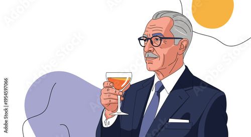 Elegant elderly man with mustache wearing suit and glasses holding cocktail glass against artistic background with abstract shapes.