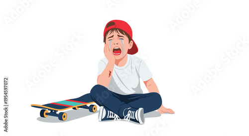 Young boy in red cap crying while sitting on floor next to skateboard after falling down in flat vector illustration.