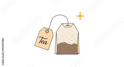 Simple illustration of paper tea bag with string and tea label tag isolated on white background for kitchen and beverage theme.