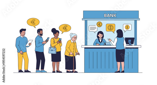 Diverse group of people standing in line at bank counter to exchange currency or perform financial transactions flat illustration.