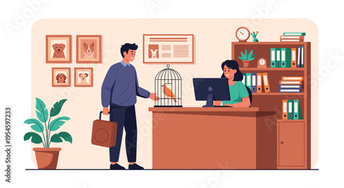 Young man bringing a bird in a cage to a veterinary clinic reception desk where a friendly female staff member works.