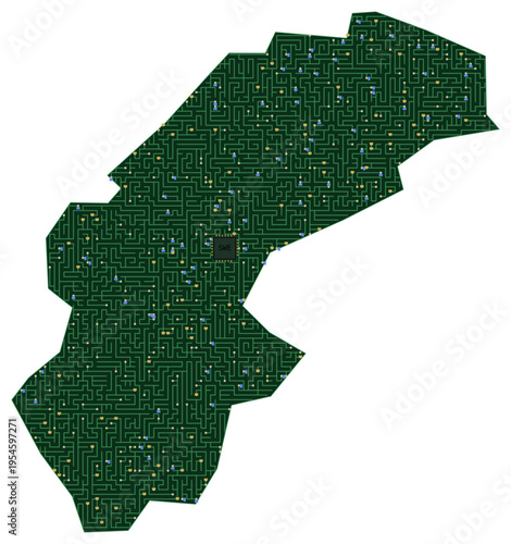Circuit board map vector illustration of Sweden – Digital PCB Territory, Transparent Background, Technology, Communication