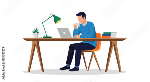 Man sitting at long wooden desk working on laptop while holding cup of coffee in minimalist office or home workspace.