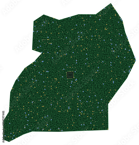 Circuit board map vector illustration of Uganda – Digital PCB Territory, Transparent Background, Technology, Communication