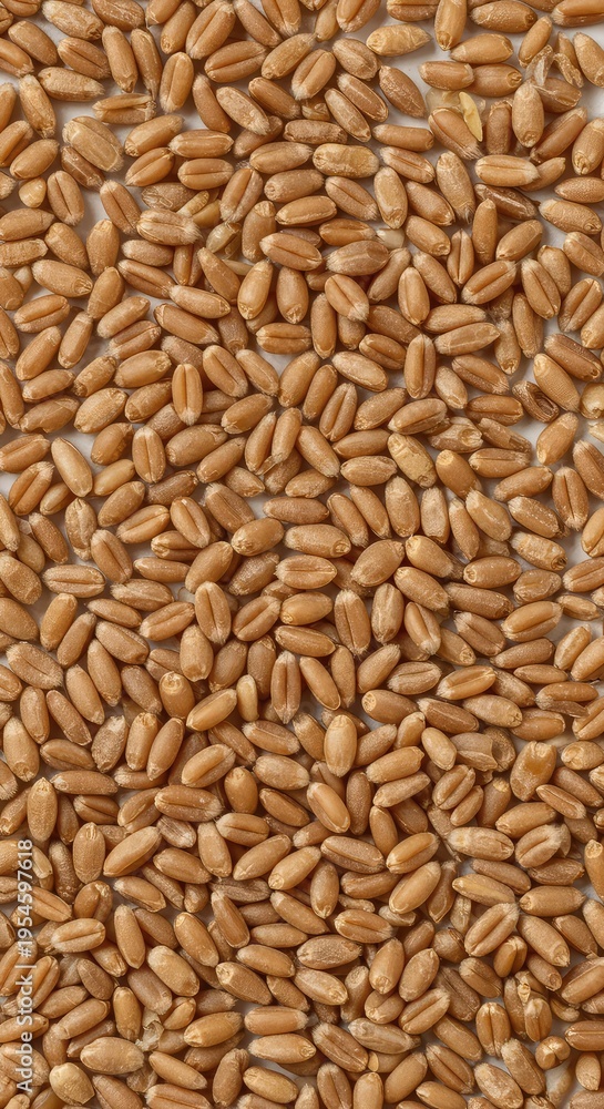 Fototapeta premium Scattered raw wheat kernels creating a simple, textural pattern on a pristine white background, suitable for minimalist designs, agriculture, kernel, copy space