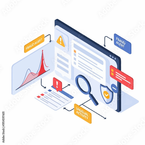 Isometric illustration of a computer screen displaying fraud alerts and unusual activity detected by a security system.