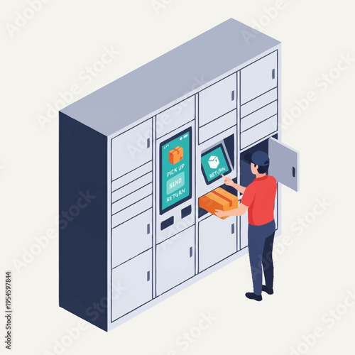 Delivery person using a smart locker system to deposit a package for customer pickup.