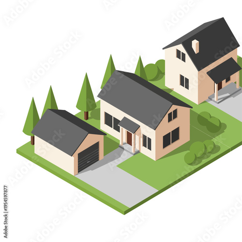 Isometric houses on a suburban street.