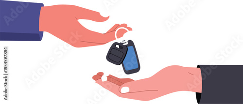 Car buying renting and sharing service concept with agent handing remote auto key to customer minimal outline vector illustration