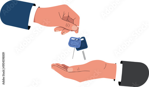 Car buying renting and sharing service concept with agent handing remote auto key to customer minimal outline vector illustration