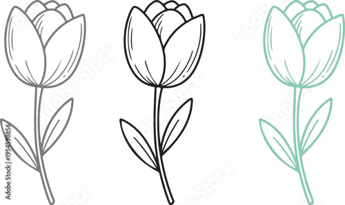 Three stylized white flowers with green stems and leaves on light background green leaves des