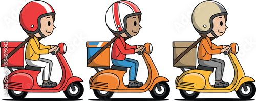 Delivery driver riding colorful scooter with delivery box cartoon style courier transportation minimal outline vector illustration