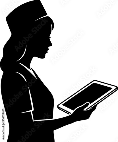 Modern Nurse Silhouette Interacting with Digital Tablet Vector Illustration for Medical Tech