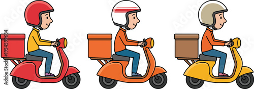 Delivery driver riding colorful scooter with delivery box cartoon style courier transportation minimal outline vector illustration