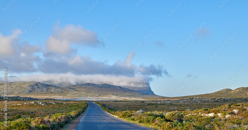 Naklejka premium Travel, mountain and landscape with road in nature for environment, holiday destination and journey. Summer, sustainability and ecology with highway street in countryside for path and outdoor