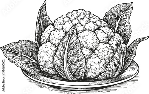 Hand drawn cauliflower with leaves on a plate, detailed botanical vegetable illustration in black and white