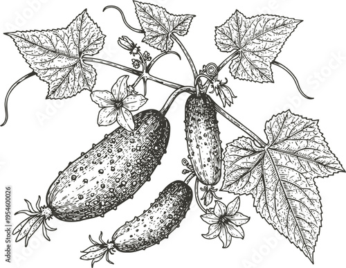cucumber plant with ripe cucumbers, leaves and flowers detailed botanical illustration