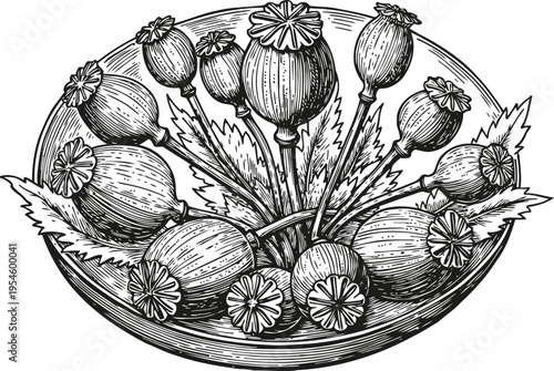 Hand drawn poppy seed pods in a bowl detailed botanical illustration of dried pods with leaves