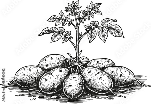 Hand drawn potato tubers and plant fresh vegetable root crop with leaves garden harvest illustration