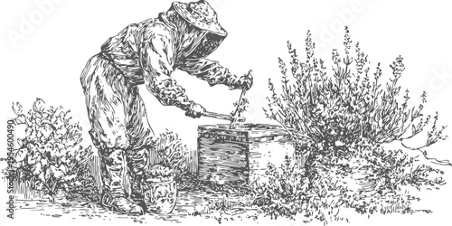 Beekeeper in protective suit tending to beehive surrounded by wild plants and flowers