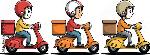 Delivery driver riding colorful scooter with delivery box cartoon style courier transportation minimal outline vector illustration