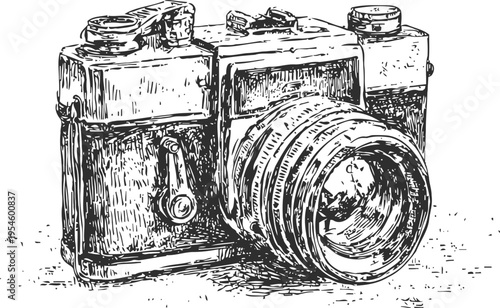 Vintage camera sketch with detailed engraved lines and classic equipment design