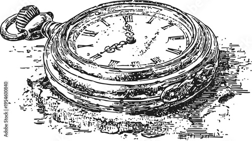 Vintage pocket watch illustration with decorative hands and roman numerals on cracked surface