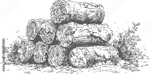 stacked firewood logs hand drawn vintage illustration with detailed tree texture and natural elements