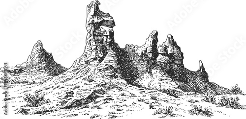 Black and white desert rock formation illustration detailed hand drawn mountain desert landscape with rugged cliffs and sparse vegetation