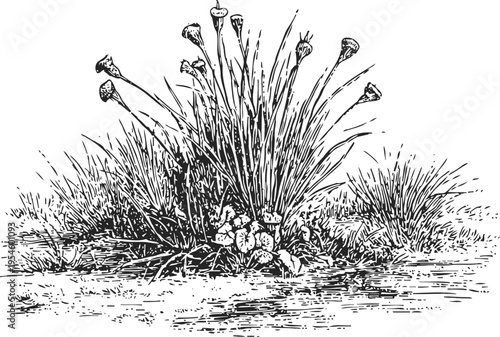 Grasses by water edge with clustered bulbs and seed pods in vintage botanical