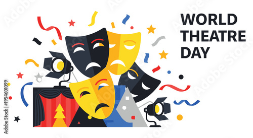 World theatre day illustration with comedy and tragedy masks and stage light