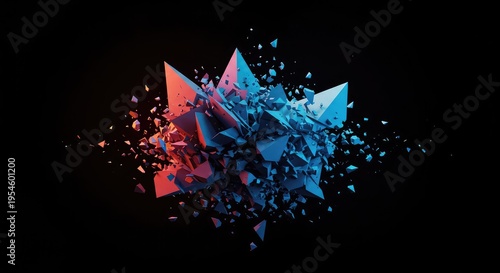 Abstract visual representation showing geometric forms shattering and shifting across a dark background, illustrating spatial change and movement, shapes, complexity, visualization