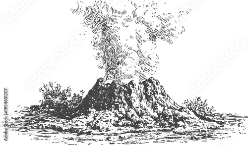Volcano erupting with smoke and ash plume, rugged mountain landscape, volcanic activity illustration