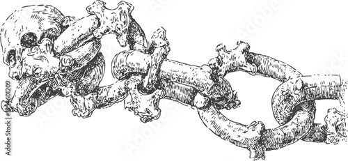 human skull and bones forming a twisted chain link with detailed anatomical illustration