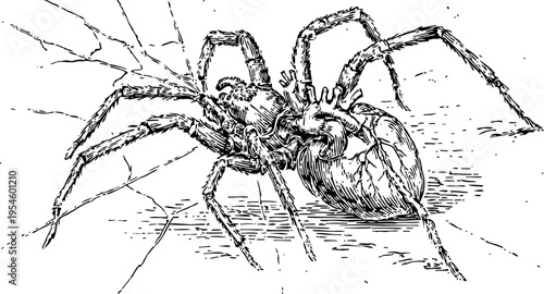 Detailed black and white illustration of a large spider on cracked ground, vintage insect drawing