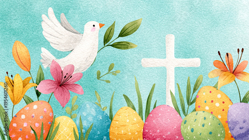Catholic Easter card. Lilies, a golden cross, a dove and Easter colored eggs. Tex Feliz Pascoa.