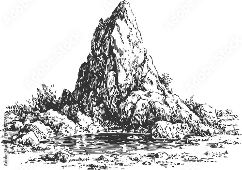 Tall jagged mountain peak with rocky base and surrounding shrubbery near a small water body