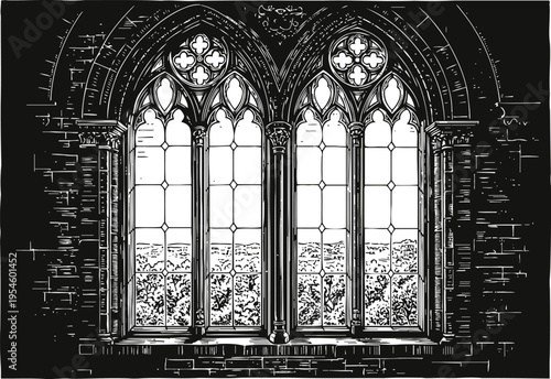 gothic arched window with intricate tracery and stone wall detailing in vintage